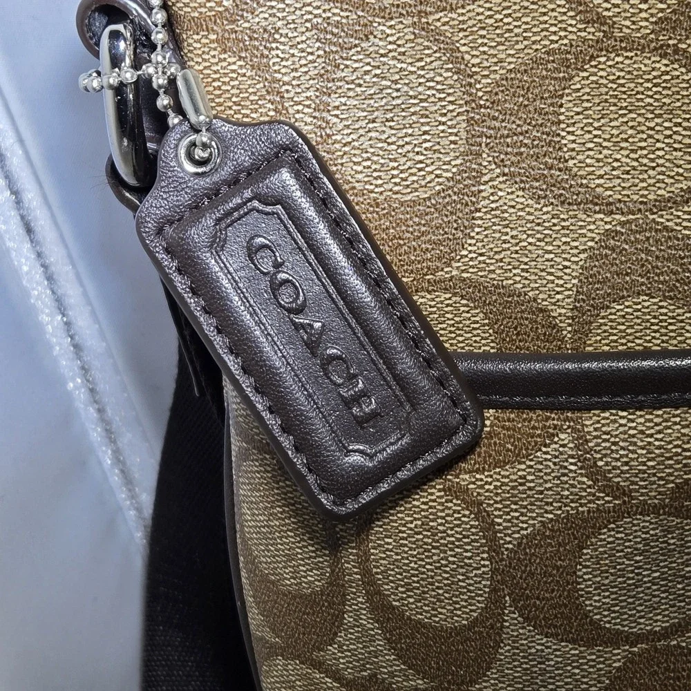 COACH F71131 HERITAGE SIGNATURE SMALL ZIP TOP CROSSBODY Brown Canvas Leather‎
